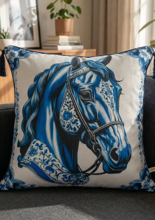Çini At Desenli Kırlent Kılıfı