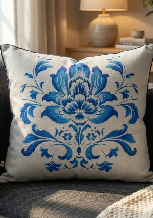 Çini Çiçek Desenli Kırlent Kılıfı