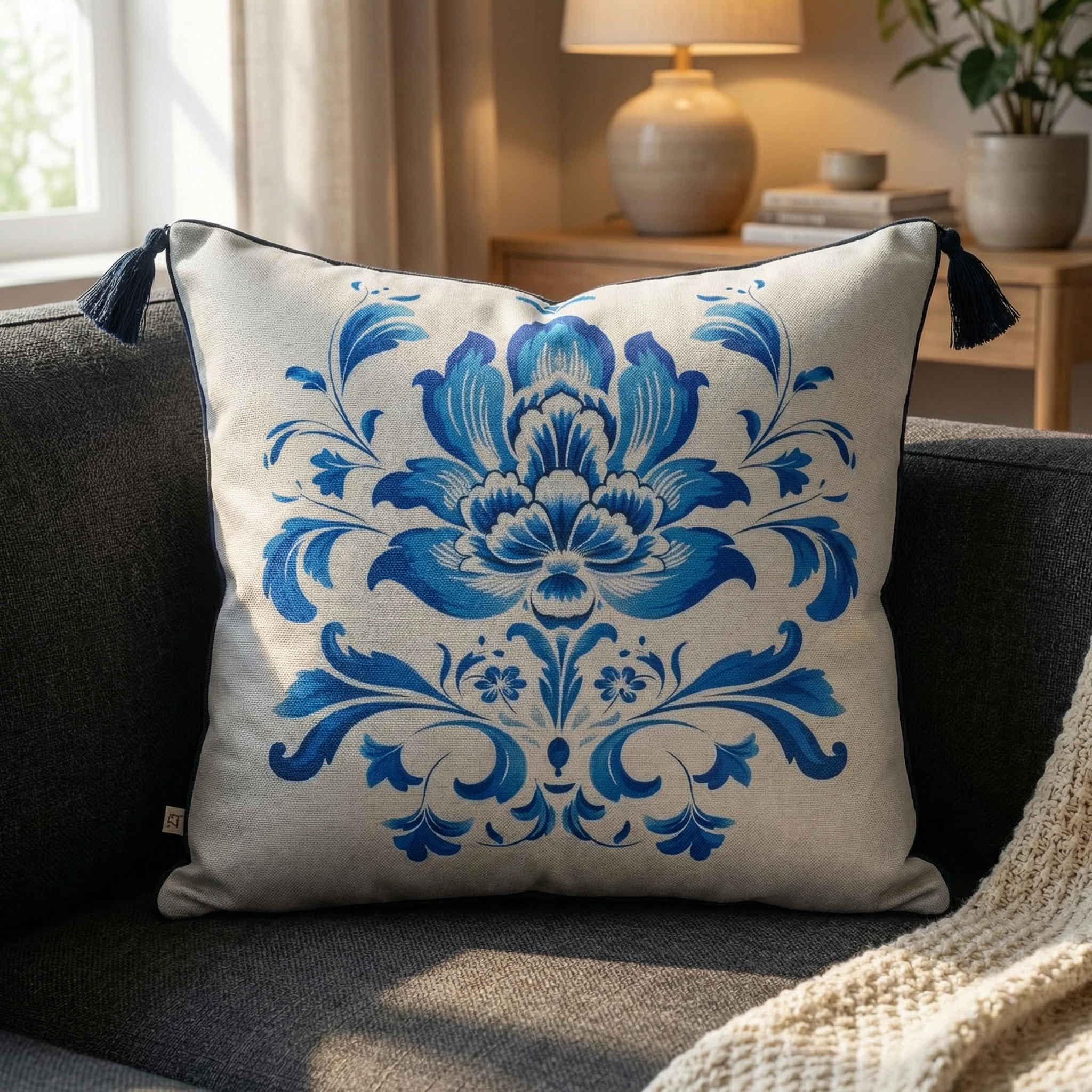 Çini Çiçek Desenli Kırlent Kılıfı