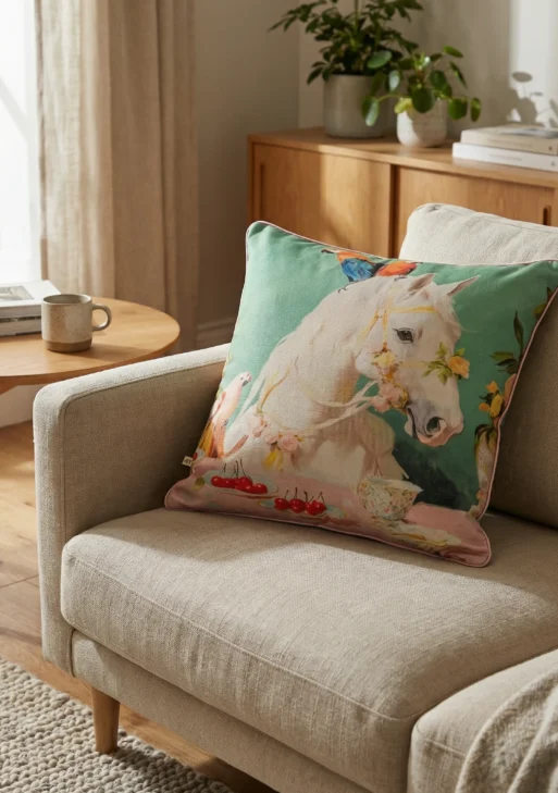 Pastel At Desenli Kırlent Kılıfı