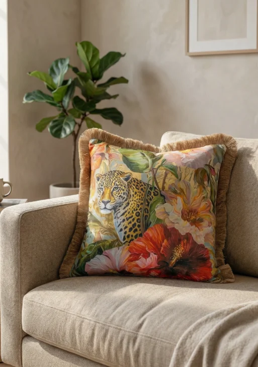 Çiçekli Kaplan Desenli Kırlent Kılıfı