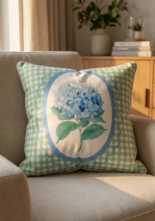 Ortanca Çiçek Desenli Kırlent Kılıfı