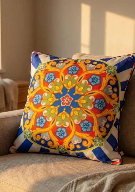 Mavi Kırmızı Çiçek Desenli Kırlent Kılıfı