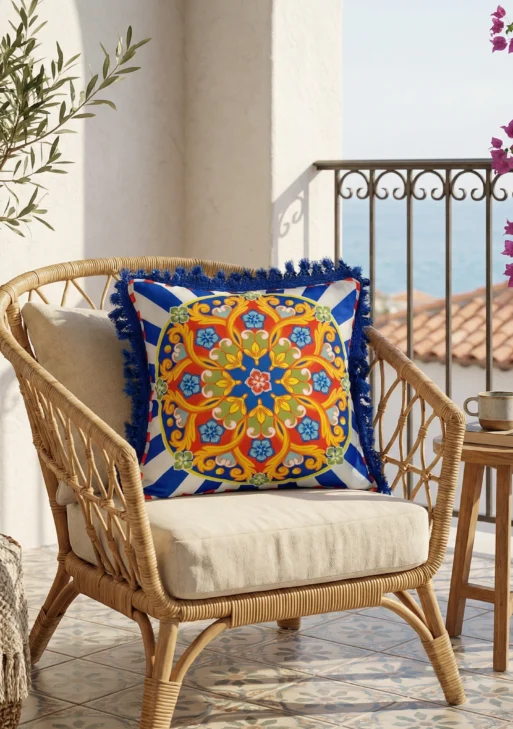 Mavi Kırmızı Çiçek Desenli Püsküllü Kırlent Kılıfı