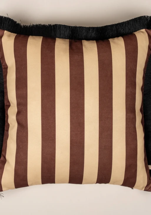Kahverengi Çizgili Püsküllü Kırlent Kılıfı