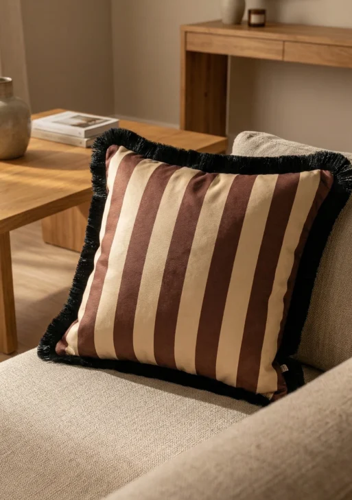 Kahverengi Çizgili Püsküllü Kırlent Kılıfı