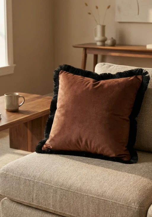 Püsküllü Kahverengi Kırlent Kılıfı