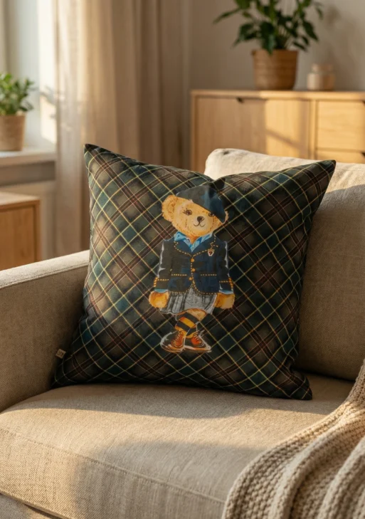 Ayıcık Desenli Kareli Kırlent Kılıfı