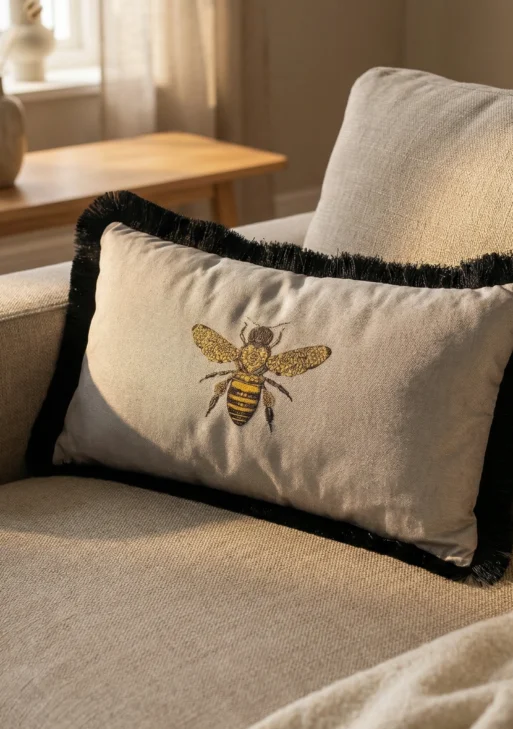 Arı Desenli Püsküllü Dikdörtgen Kırlent Kılıfı