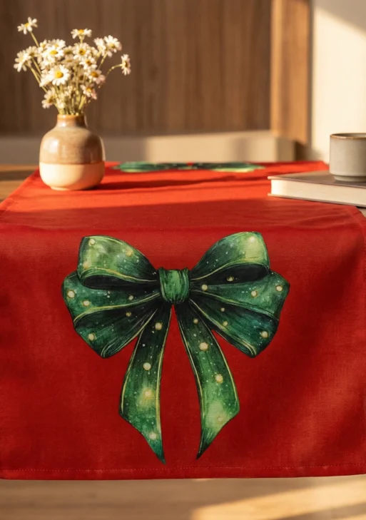 Yılbaşı Fiyonk Desenli Kırmızı Runner