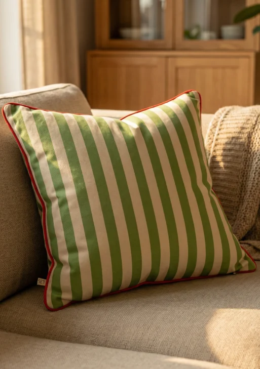 Yılbaşı Yeşil Çizgili Kırlent Kılıfı