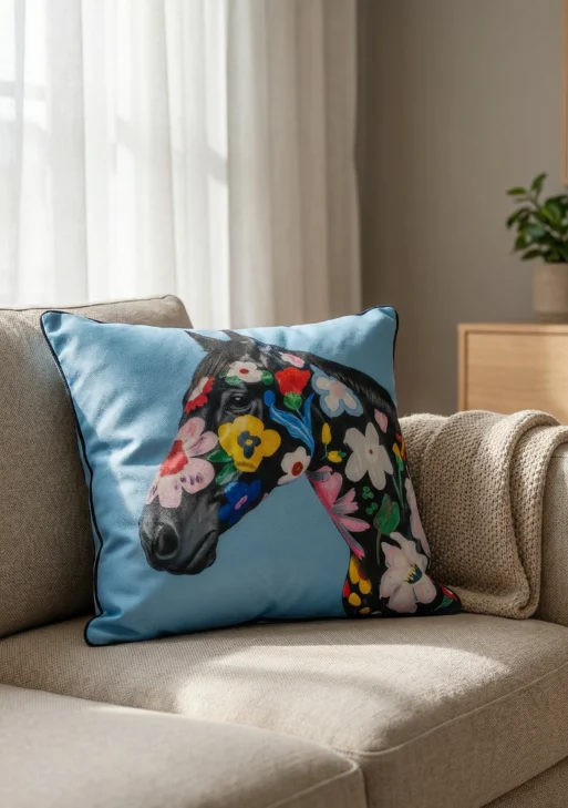 Çiçekli At Desenli Kırlent Kılıfı