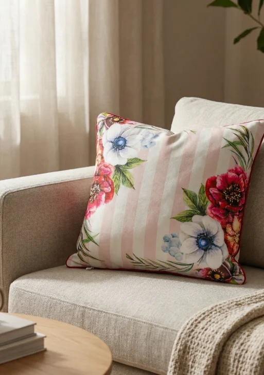 Pudra Çiçekli Desenli Kırlent Kılıfı