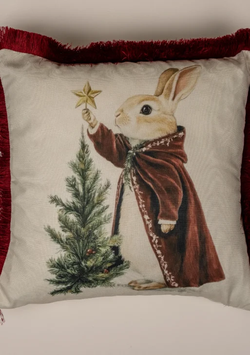 Yılbaşı Tavşan Desenli Püsküllü Kırlent Kılıfı