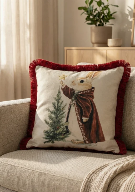 Yılbaşı Tavşan Desenli Püsküllü Kırlent Kılıfı